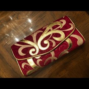 Red & Gold velvet & leather clutch.
